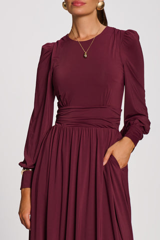 Long Sleeve Sheen Jersey Maxi Dress, Burgundy