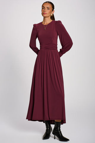 Long Sleeve Sheen Jersey Maxi Dress, Burgundy
