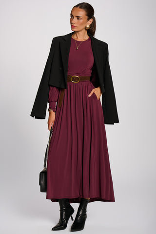 Long Sleeve Sheen Jersey Maxi Dress, Burgundy
