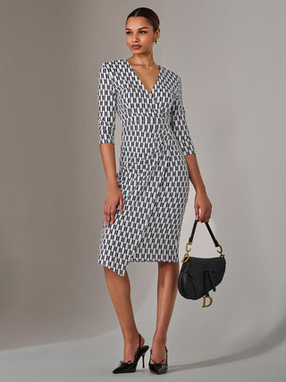 3/4 Sleeve Geo Shift Midi Dress, White Geo