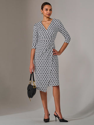 3/4 Sleeve Geo Shift Midi Dress, White Geo