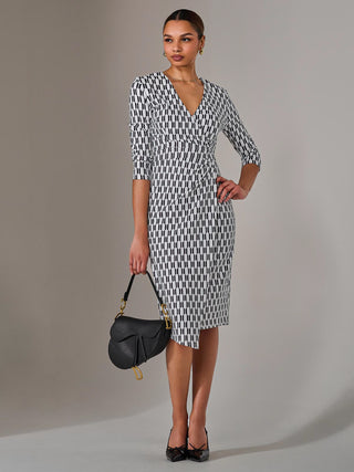 3/4 Sleeve Geo Shift Midi Dress, White Geo