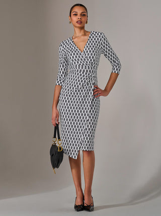 3/4 Sleeve Geo Shift Midi Dress, White Geo