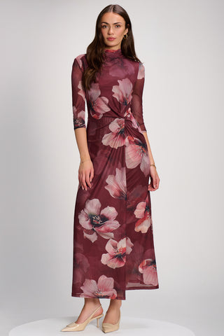 High Neck Long Sleeve Mesh Maxi Dress, Burgundy Floral