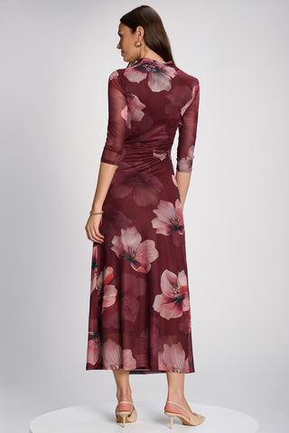 High Neck Long Sleeve Mesh Maxi Dress, Burgundy Floral