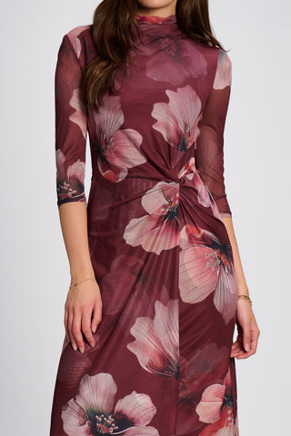 High Neck Long Sleeve Mesh Maxi Dress, Burgundy Floral