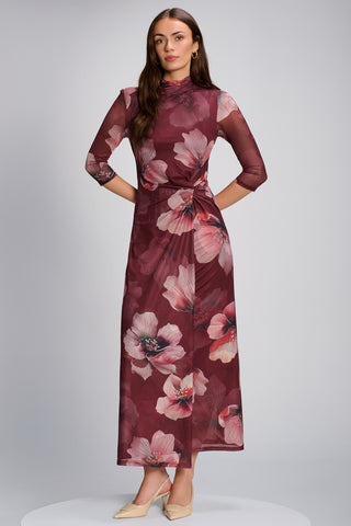 High Neck Long Sleeve Mesh Maxi Dress, Burgundy Floral