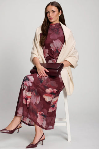 High Neck Long Sleeve Mesh Maxi Dress, Burgundy Floral