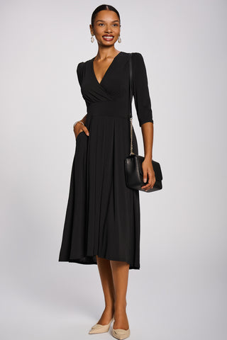 3/4 Sleeve Sheen Jersey Midi Dress, Black