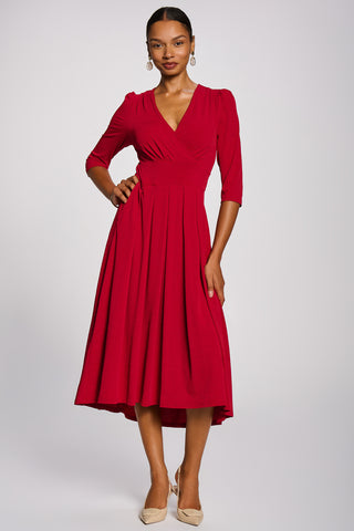 3/4 Sleeve Sheen Jersey Midi Dress, Red