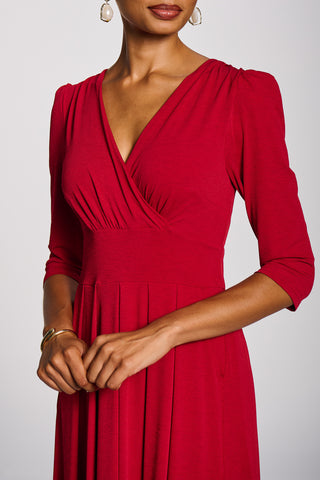 3/4 Sleeve Sheen Jersey Midi Dress, Red