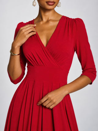 3/4 Sleeve Sheen Jersey Midi Dress, Red