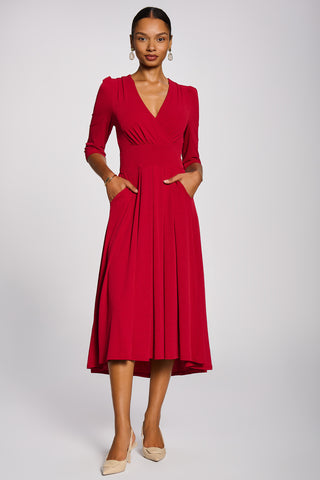 3/4 Sleeve Sheen Jersey Midi Dress, Red