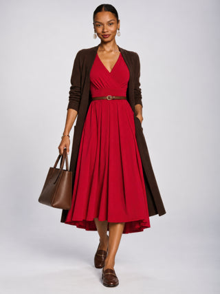 3/4 Sleeve Sheen Jersey Midi Dress, Red