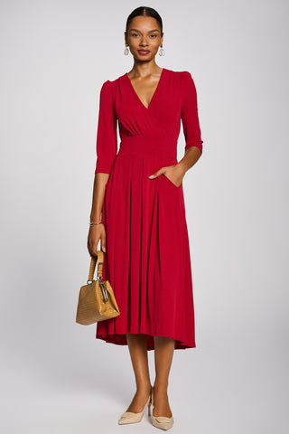 3/4 Sleeve Sheen Jersey Midi Dress, Red