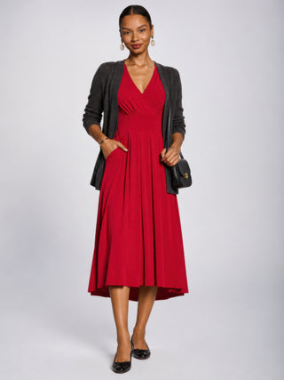 3/4 Sleeve Sheen Jersey Midi Dress, Red
