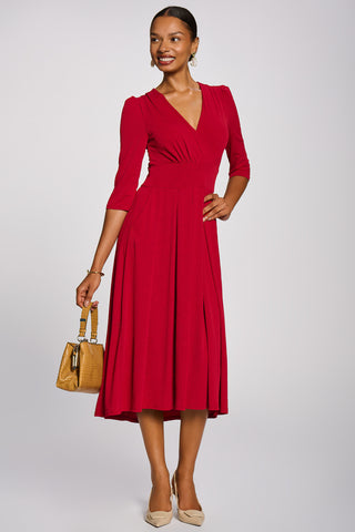 3/4 Sleeve Sheen Jersey Midi Dress, Red