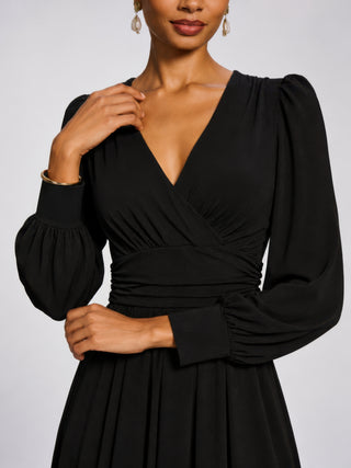 Long Sleeve V-Neck Jersey Maxi Dress, Black