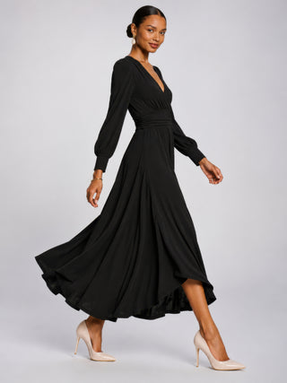 Long Sleeve V-Neck Jersey Maxi Dress, Black