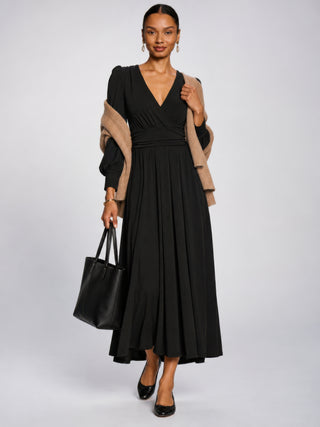 Long Sleeve V-Neck Jersey Maxi Dress, Black