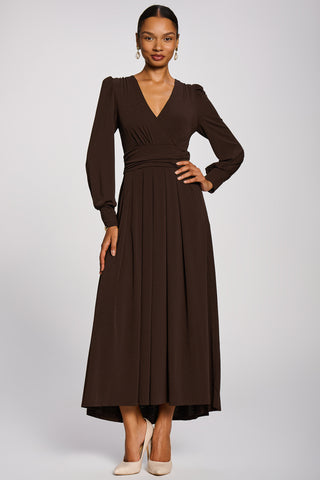 Long Sleeve V-Neck Jersey Maxi Dress, Brown