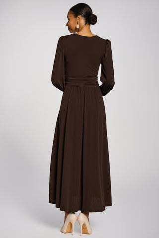 Long Sleeve V-Neck Jersey Maxi Dress, Brown