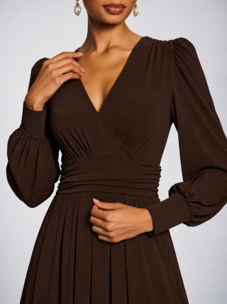 Long Sleeve V-Neck Jersey Maxi Dress, Brown