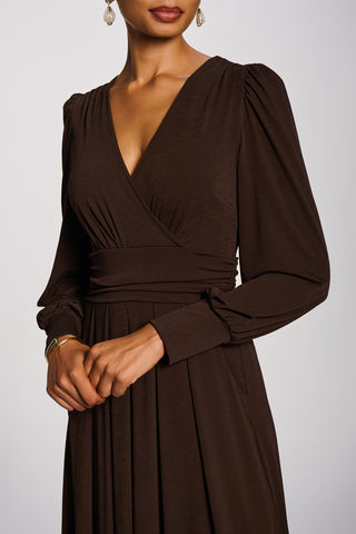 Long Sleeve V-Neck Jersey Maxi Dress, Brown