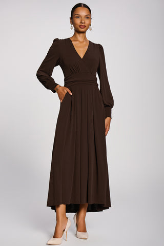 Long Sleeve V-Neck Jersey Maxi Dress, Brown