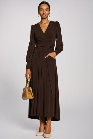 Long Sleeve V-Neck Jersey Maxi Dress, Brown