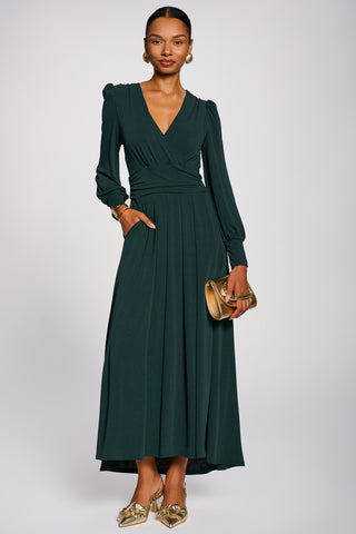 Long Sleeve V-Neck Jersey Maxi Dress, Dark Green