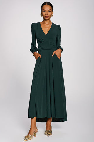 Long Sleeve V-Neck Jersey Maxi Dress, Dark Green
