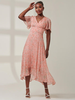 Chelsea Pleated Chiffon Dip Hem Maxi Dress, Coral Multi