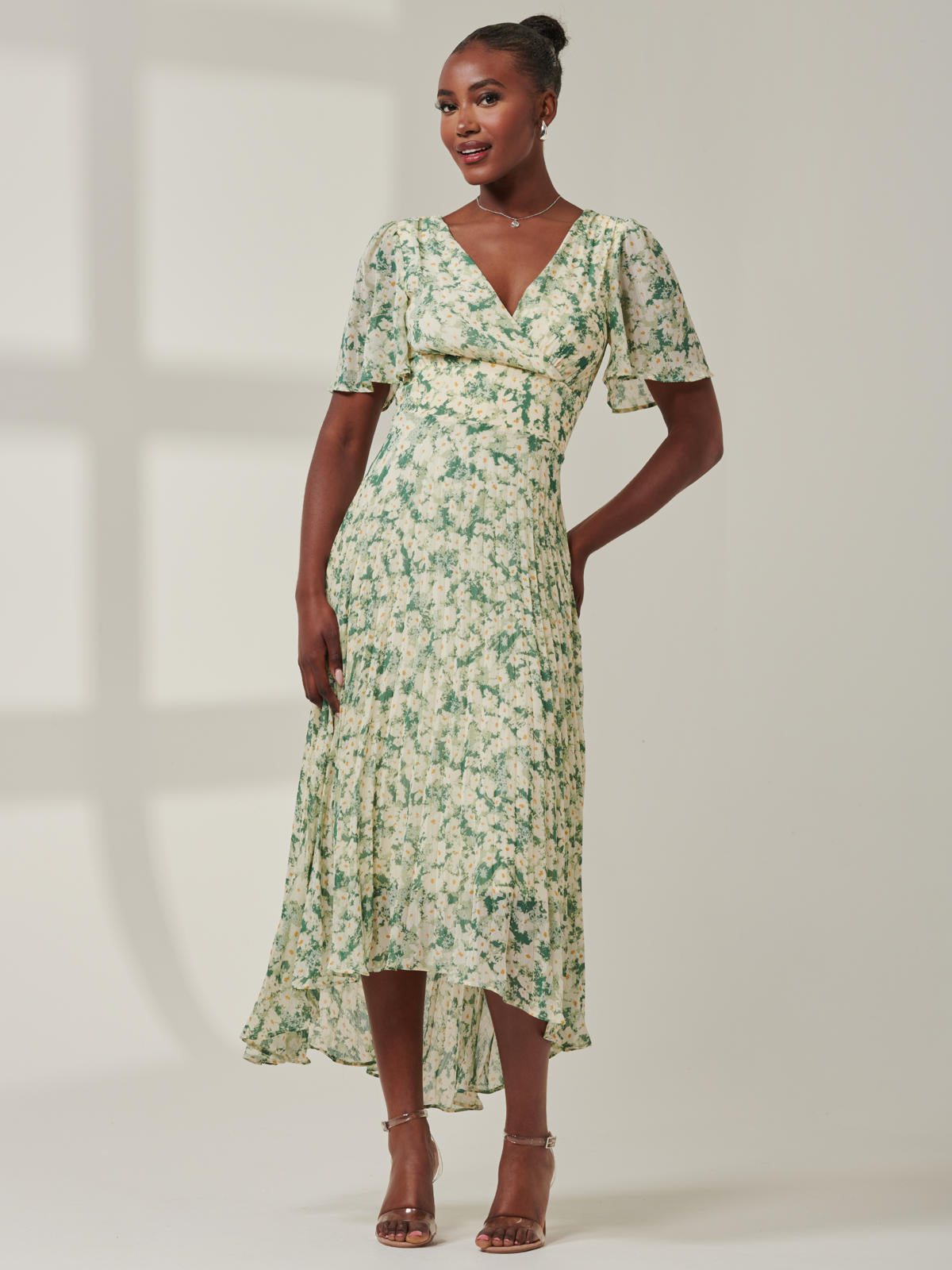 Chelsea Pleated Chiffon Dip Hem Maxi Dress, Green Abstract – Jolie