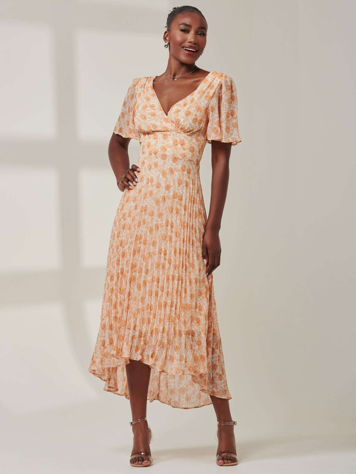 Chelsea Pleated Chiffon Dip Hem Maxi Dress, Orange Floral – Jolie