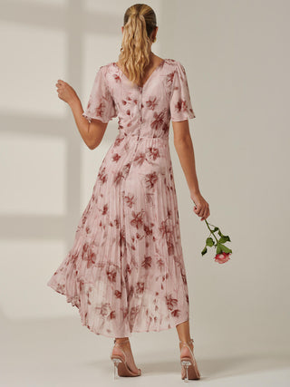 Chelsea Pleated Chiffon Dip Hem Maxi Dress, Pink Floral