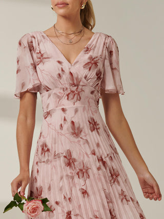 Chelsea Pleated Chiffon Dip Hem Maxi Dress, Pink Floral