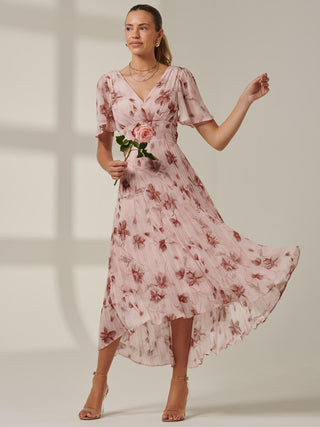 Chelsea Pleated Chiffon Dip Hem Maxi Dress, Pink Floral