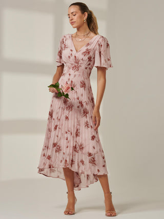 Chelsea Pleated Chiffon Dip Hem Maxi Dress, Pink Floral