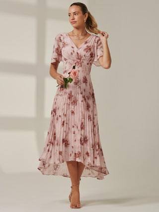 Chelsea Pleated Chiffon Dip Hem Maxi Dress, Pink Floral