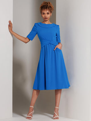 Sharon Collar Midi Dress, Blue, Foldover Front Detail, Elbow Length Sleeve, Two Funtional Pockets, Front Imagery
