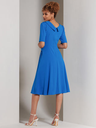 Sharon Collar Midi Dress, Blue, Foldover Front Detail, Elbow Length Sleeve, Two Funtional Pockets, Backzip Fastening, Fit&Flare, Back Image