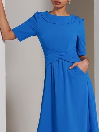 Sharon Collar Midi Dress, Blue, Foldover Front Detail, Elbow Length Sleeve, Two Funtional Pockets, Backzip Fastening, Fit&Flare, Close Up Image