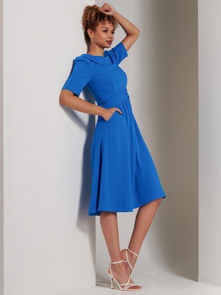 Sharon Collar Midi Dress, Blue, Foldover Front Detail, Elbow Length Sleeve, Two Funtional Pockets, Side Image