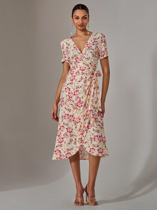 dark pink wrap midi dress in mixed print Pink Mixed Print Wrap Dress