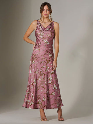 Twisted Shoulder Cowl Neck Midaxi Dress, Pink Floral Jolie Moi Retail Twisted Shoulder Cowl Neck Midaxi Dress, Pink Floral Jolie Moi Retail