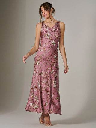 cowl neck pleated midaxi dress in dusty pink Pink Coast Long Sleeve Pleated Lace Trim Midaxi Dress