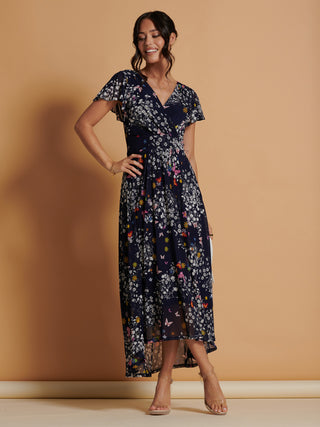 Mesh V-Neck Maxi Dress, Navy Multi