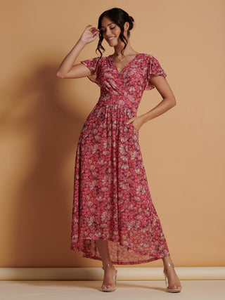 Mesh V-Neck Maxi Dress, Pink Multi