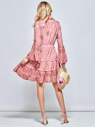 3/4 Sleeve Crochet Trim Holiday Midi Dress, Mauve Pink